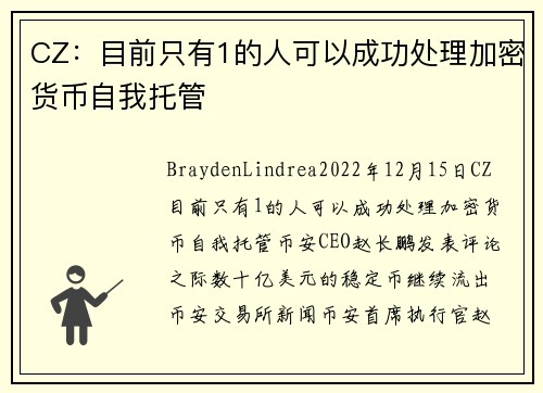 CZ：目前只有1的人可以成功处理加密货币自我托管 