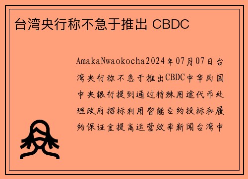台湾央行称不急于推出 CBDC 